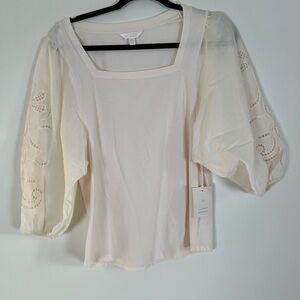 LC Lauren Conrad Cream Puff Sleeve Blouse Square Neck Eyelet sleeve